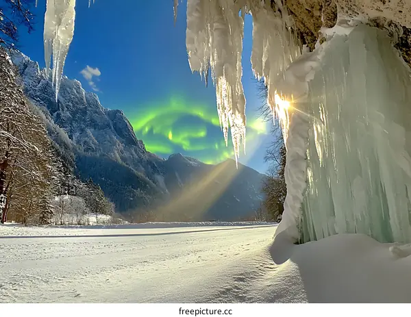 Mountain Landscape with Icicles and Aurora Borealis