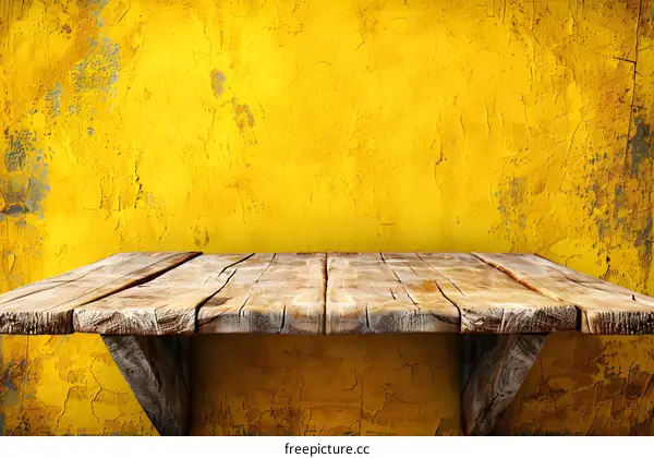 Rustic Wooden Shelf Against Yellow Wall