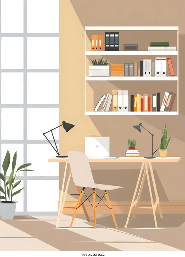 Home Office Desk with Bookshelf and Laptop