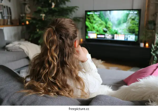 Woman Watching TV in Cozy Living Room