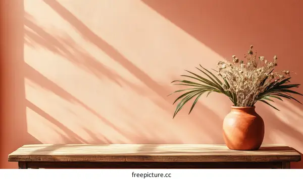 Warm Sunlight Bathes a Rustic Wooden Table with Dried Flowers