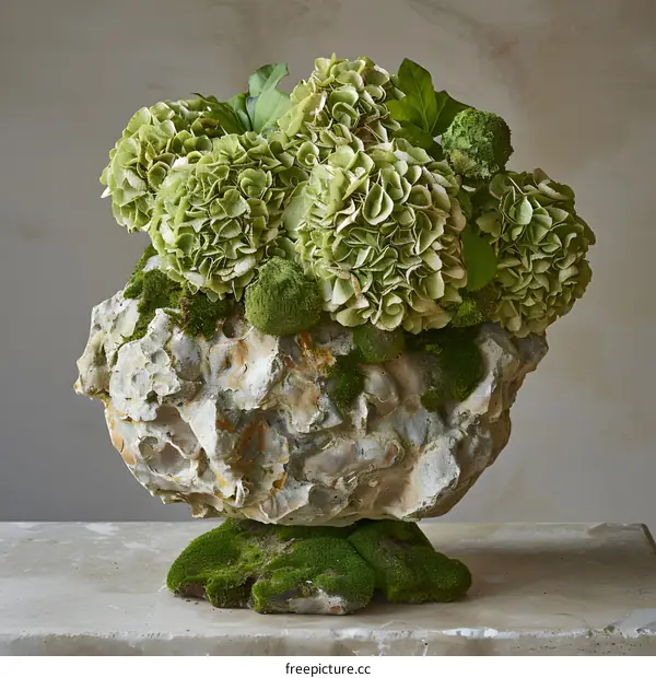 Stone Vase With Green Hydrangeas and Moss