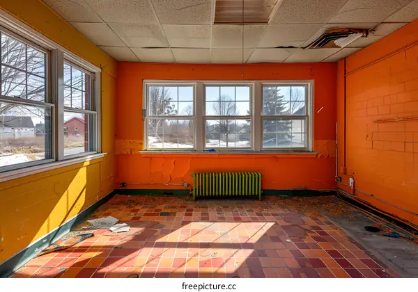 Abandoned Schoolroom with Orange and Yellow Walls