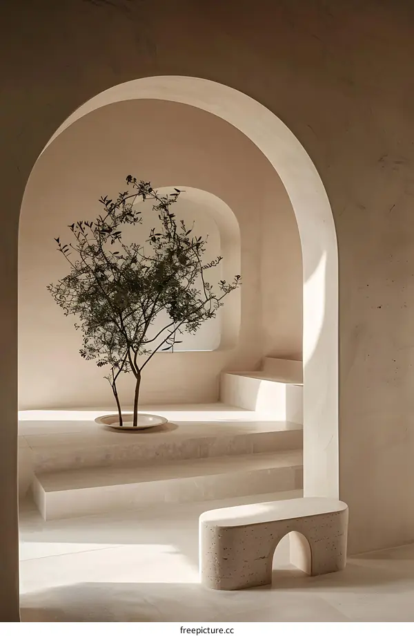 Minimalist Interior Design with Arches and a Plant