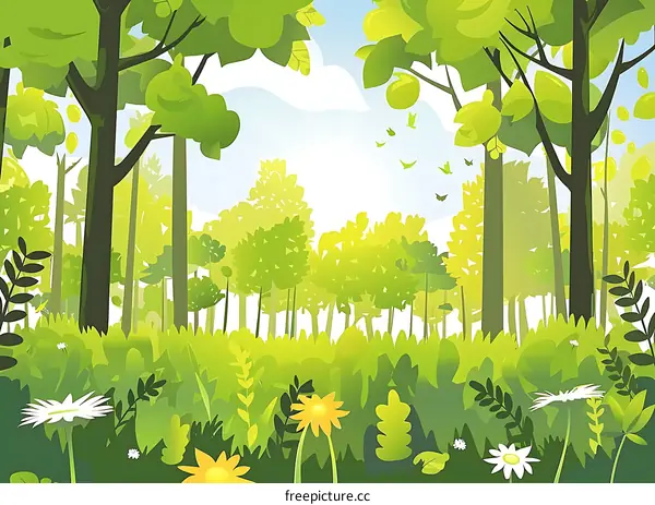 Spring Forest Illustration with Green Trees and Flowers