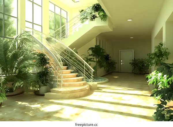 Modern Staircase with Glass Railing and Plants in Interior Design