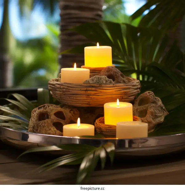 Still life of lit candles in a tropical setting