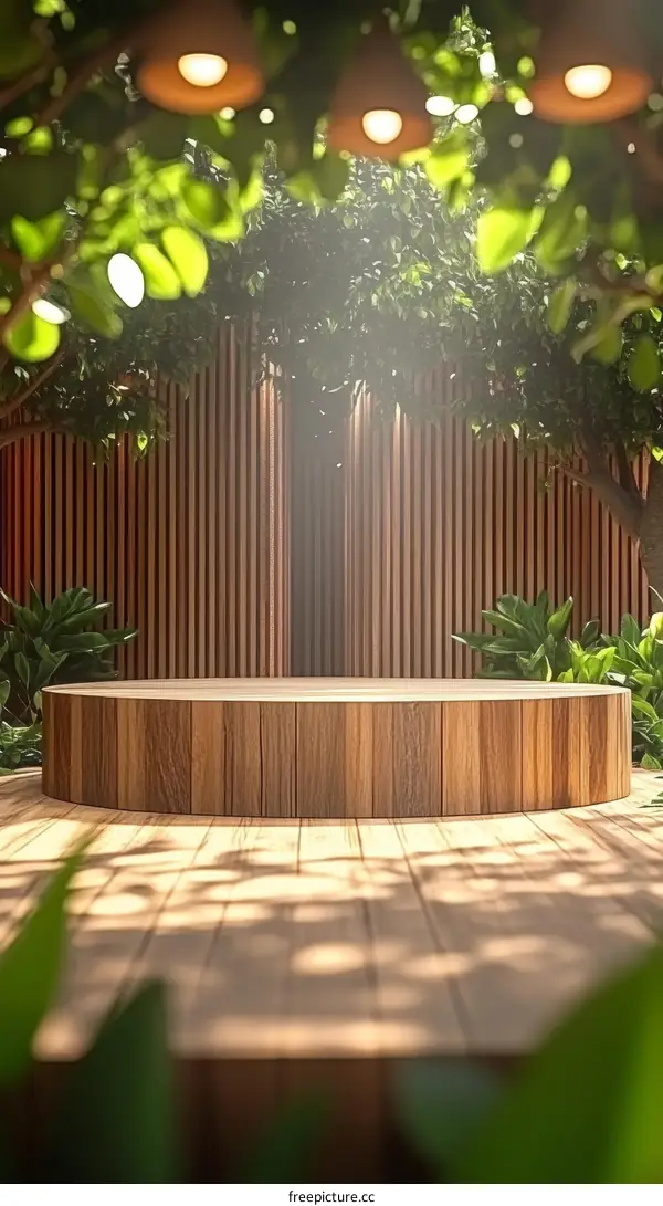 Wooden Podium in a Tropical Garden Setting