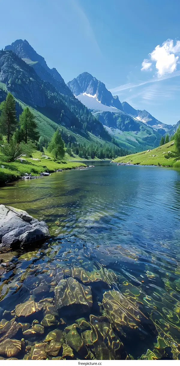 rocks in a river with mountains in the background