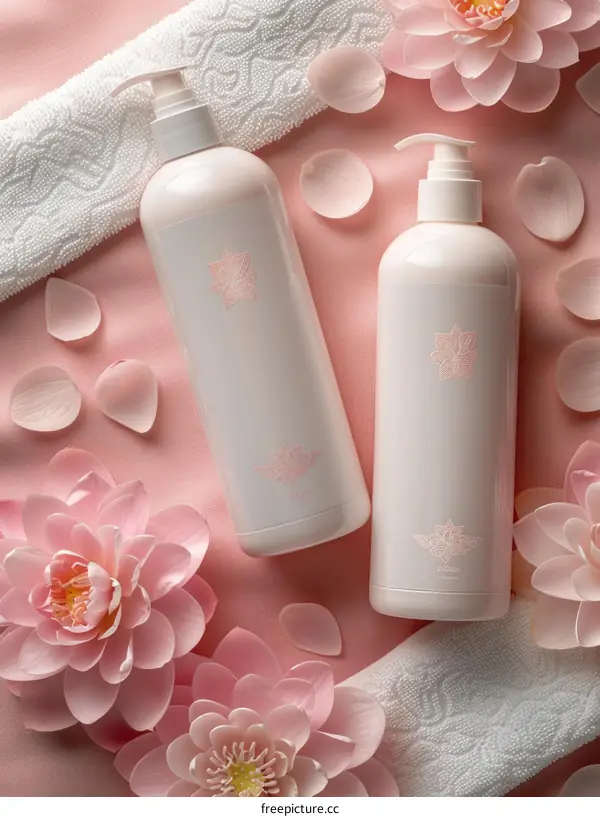 Two bottles of shampoo and lotus flowers on a pink background