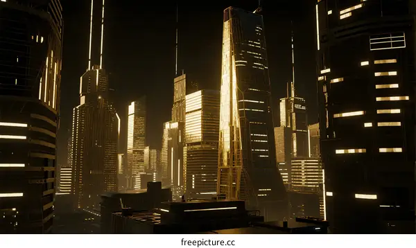 Modern cityscape with tall skyscrapers at night illuminated by golden lights