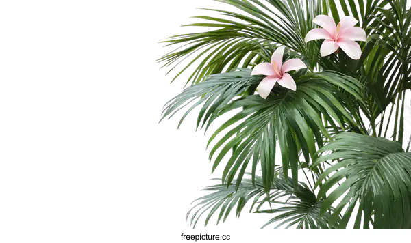 [Transparent Background PNG]Tropical Palm Leaves and Pink Flowers Isolated on White Background