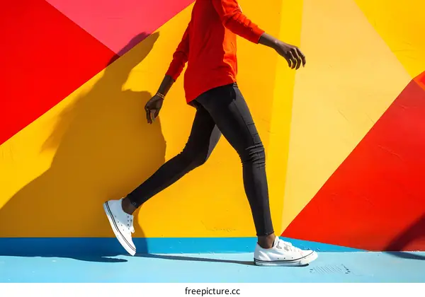 Woman in Red Walking on Colorful Wall