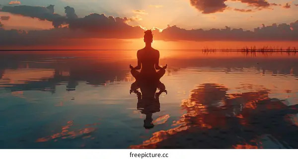 Woman Meditating In Lotus Pose On A Still Lake At Sunset