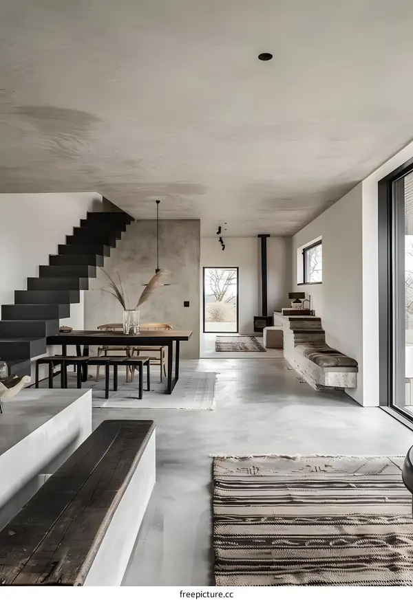 Modern Minimalist Interior Design with Concrete Floors and a Wooden Bench