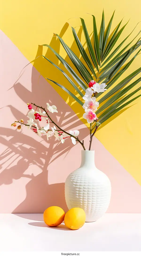 White Vase with Tropical Flowers and Lemons