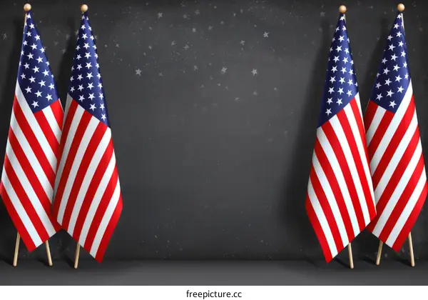 Three American flags on a dark background