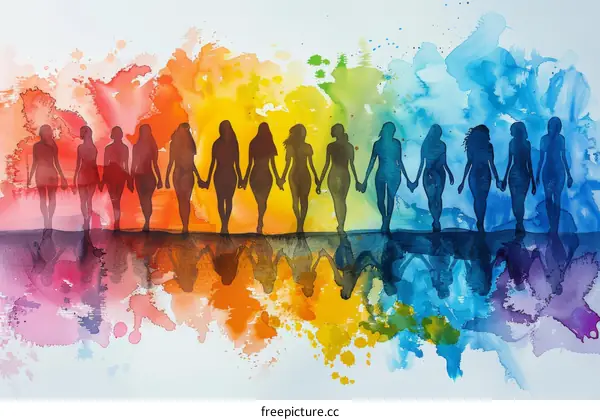 nude women of different races holding hands in front of a rainbow