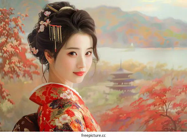 Portrait of a beautiful Japanese woman in traditional kimono