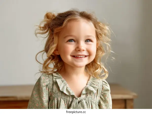 Little girl with curly hair wearing floral dress smiling