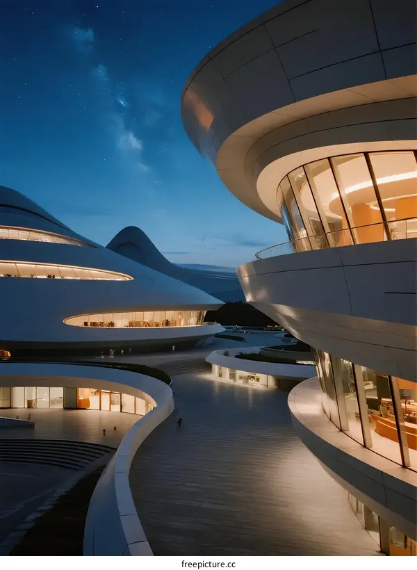 Modern Architectural Complex with Curved White Structures at Night