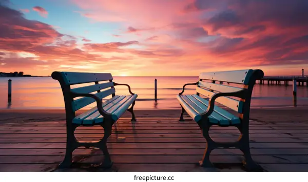 Empty Benches on a Pier at Sunset with a Reflective Sky