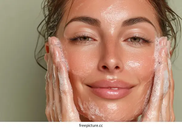 Close-up Caucasian Woman Cleansing Face with Soap