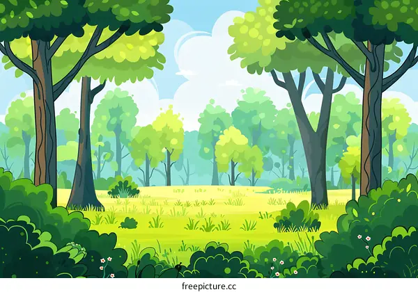 Green Forest Landscape Illustration With Lush Trees And Grass
