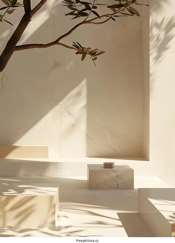 Minimalist Beige Marble Background with Branch and Sunlight