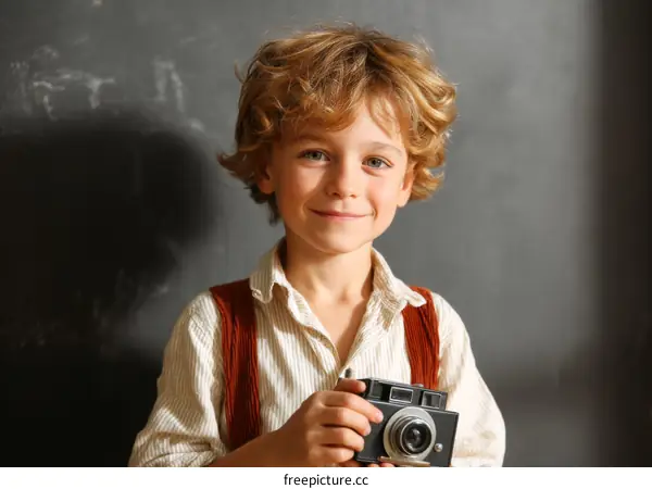 Smiling Boy with Vintage Camera in Front of Chalkboard