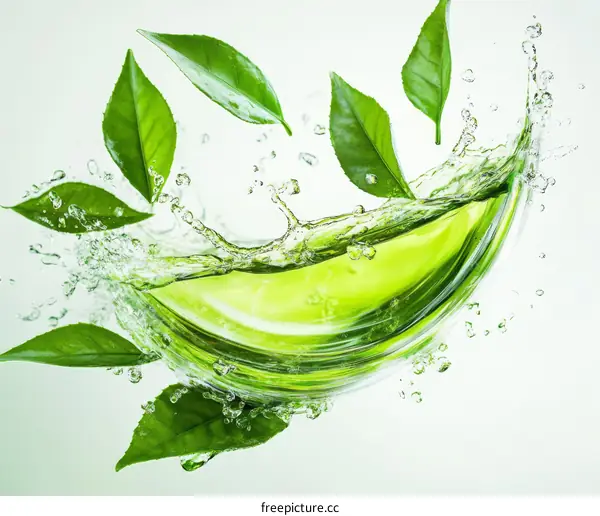 Green Tea Leaves Splashing into Water