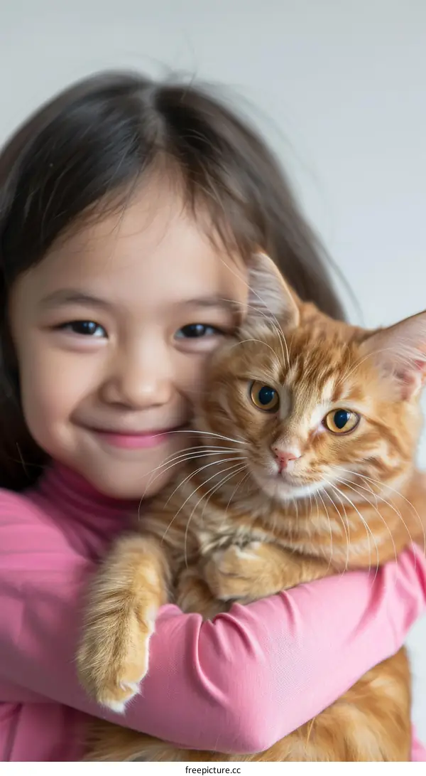 Little Asian girl hugging an orange cat