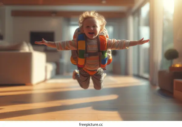 A happy boy with blond hair and blue eyes jumps in the air with his arms outstretched