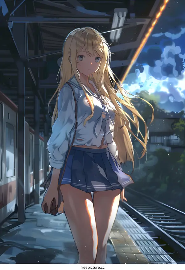 Blonde Anime Girl in School Uniform Standing on a Train Platform