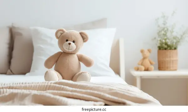 Cozy Teddy Bear on a Minimalist Bed