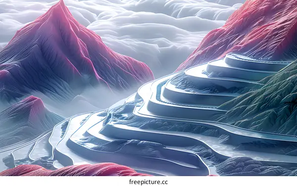 Pink and blue mountain range with clouds