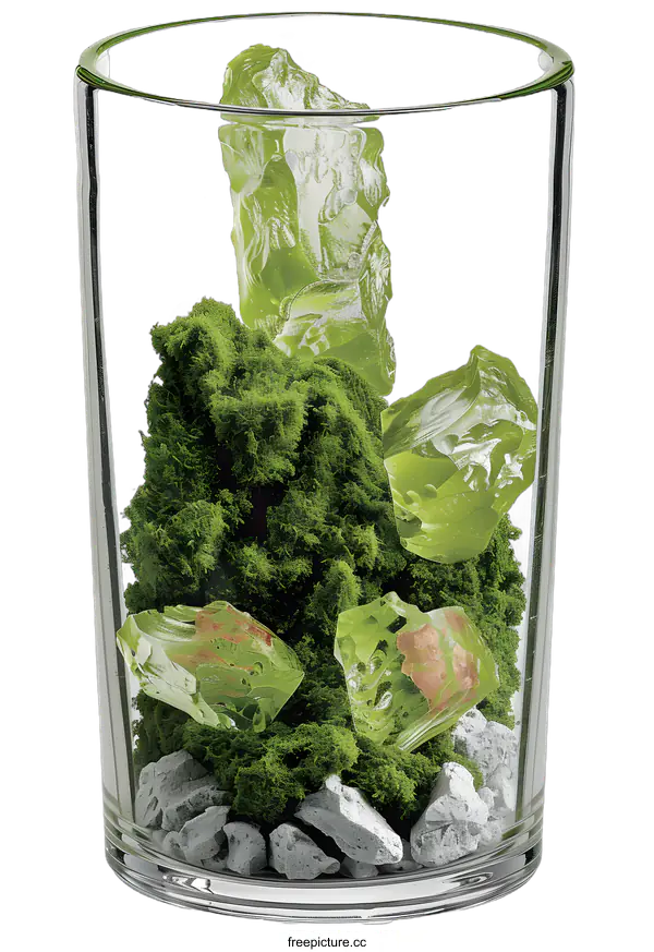 [Transparent Background PNG]Green Moss and Clear Crystals in a Glass Jar