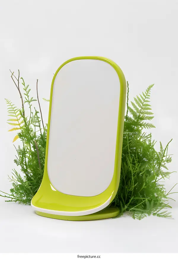 Green Oval Mirror with Plants on White Background