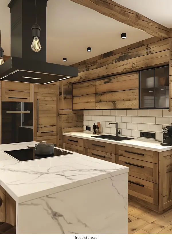 Rustic kitchen interior design with wood cabinets and marble countertops