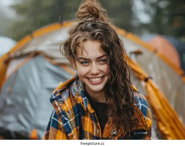 portrait of a smiling young woman with wet hair in the rain