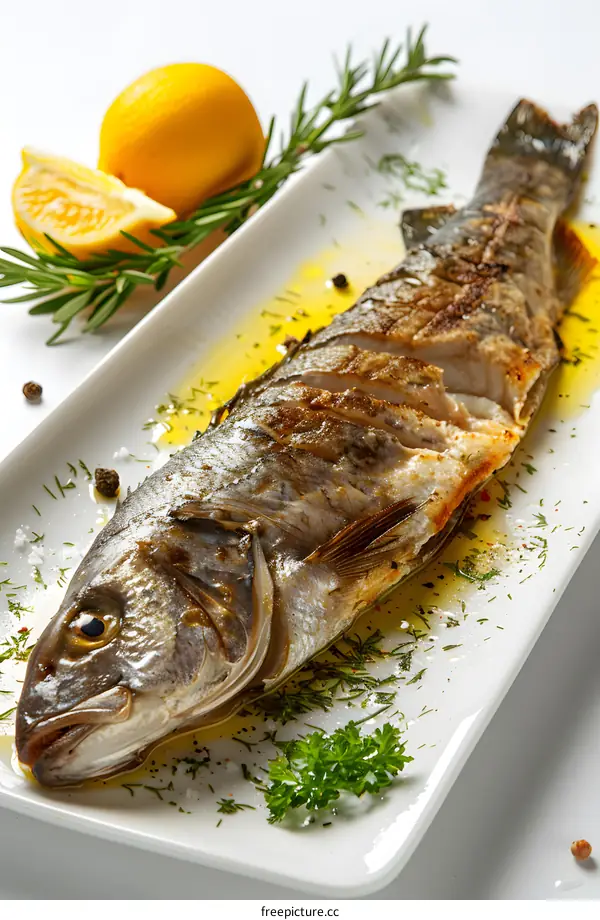 Grilled Sea Bass on White Plate