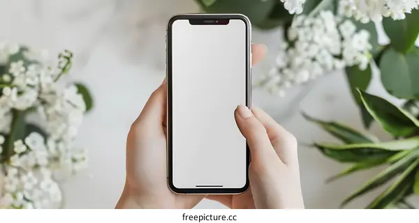 Hands Holding Smartphone with Blank Screen and White Flowers
