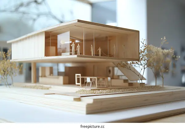 Wooden Model House with Glass Walls and Miniature People