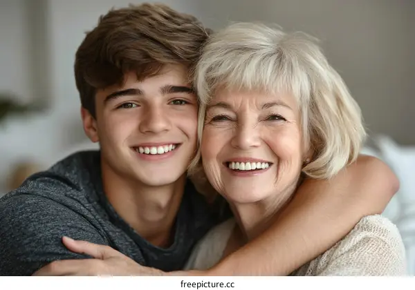 Affectionate Embrace of a Teenager and Grandmother