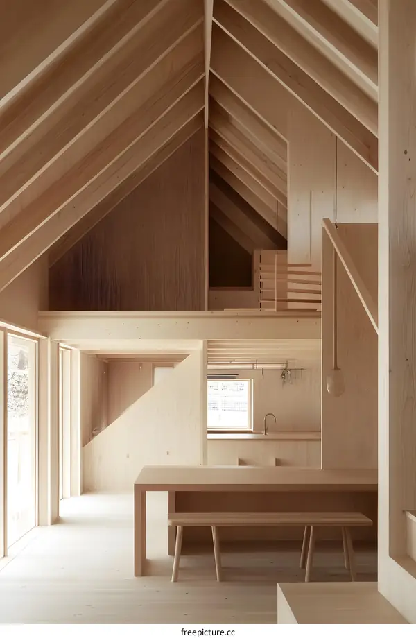 Modern Minimalist Wooden House Interior Design with Large Windows and High Ceilings