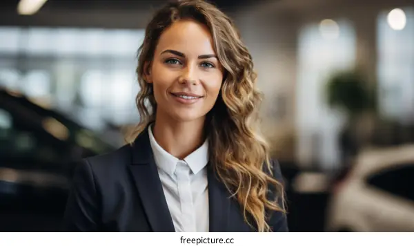 portrait of a confident businesswoman in a suit standing in a car dealership