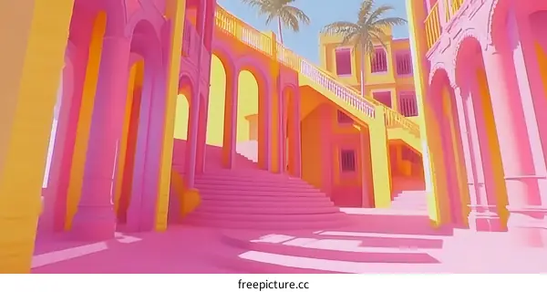 Pink And Yellow Dreamy Building With Arches And Columns