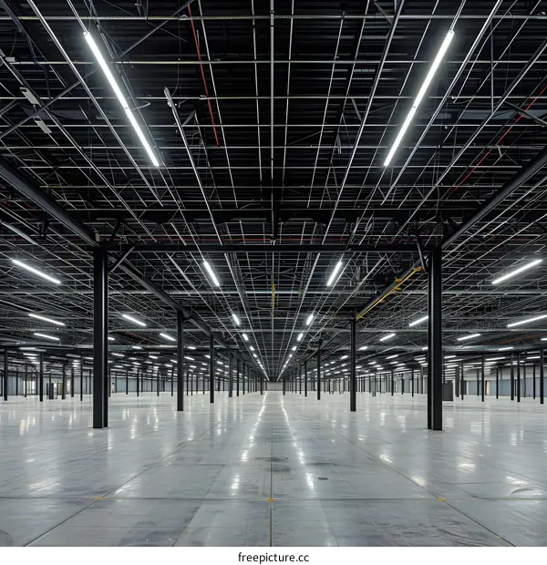 Empty Large Industrial Warehouse with Grid Ceiling and Fluorescent Lights