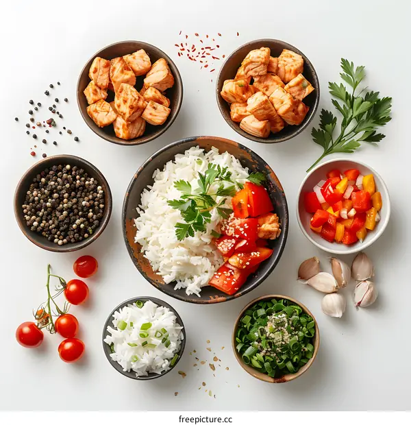 Ingredients for a delicious salmon and rice bowl