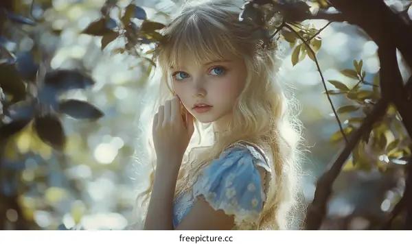 Fairytale Girl in a Blue Dress Amidst Nature
